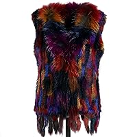 Women's Real Rabbit Fur Knitted Vest Raccoon Fur Collar Trim for Autumn Winter