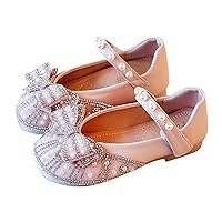 Kids Princess Shoes Toddler Solid Color Bowknot Crystal Pearl Short Heel Faux Leather Sneakers Baby Soft Sole Anti-Slip Dress Shoes