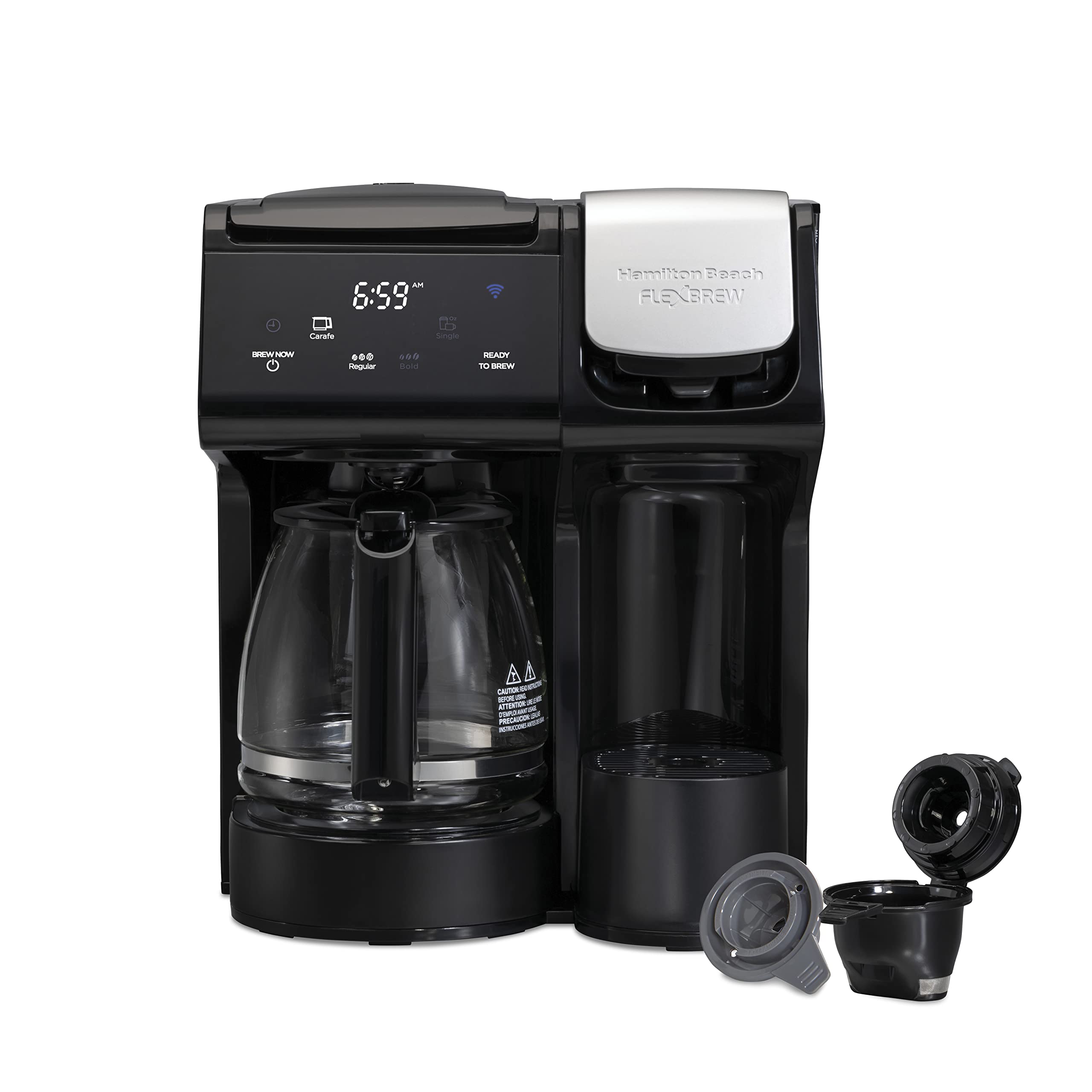 Hamilton Beach FlexBrew Trio 2-Way Works with Alexa Smart Coffee Maker, Compatible with K-Cup Pods or Grounds, Single Serve or Full 12c Pot, 56 oz. Removable Reservoir, Black (49911)
