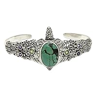 NOVICA Handmade Amethyst Peridot Cuff Bracelet Balinese Turtle .925 Sterling Silver Reconstituted Turquoise Green Indonesia Animal Themed Birthstone [6 in L (end to End) x 0.7 in W] 'Turquoise Turtle'