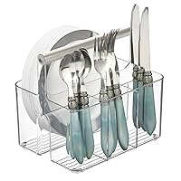 mDesign Plastic Food Storage Bin Baskets with Metal Handle for Kitchen Pantry, Shelf, Cabinet - Portable Divided Tote for Snacks, Drinks, Napkins, Flatware, Aura Collection - Clear/Brushed Chrome