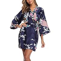 Women's Floral Kimono Satin Short Robe Peacock and Blossom Soft Bathrobe for Wedding Party Getting Ready