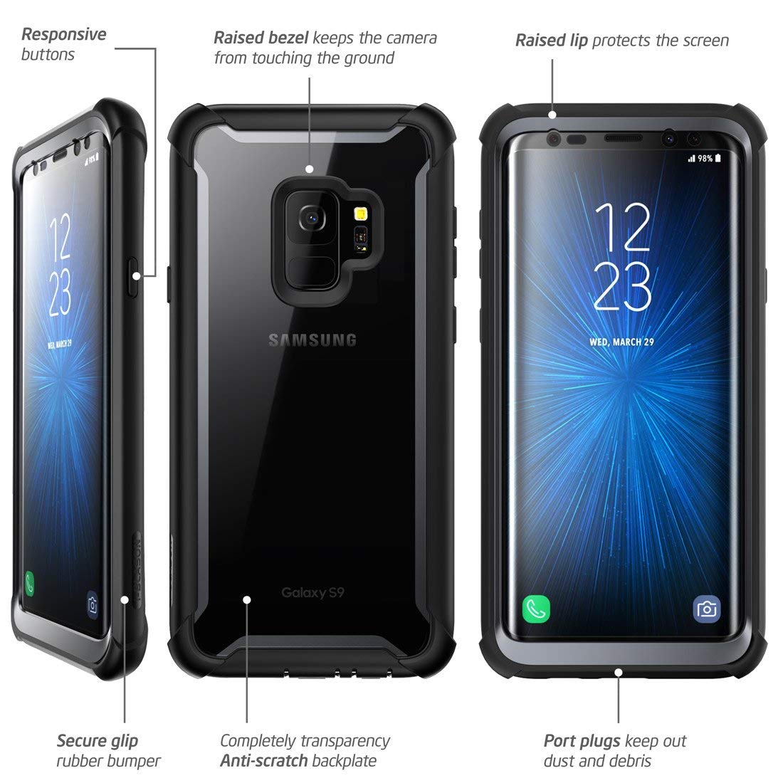 i-Blason Case for Galaxy S9+ Plus 2018 Release, Ares Full-Body Rugged Clear Bumper Case with Built-in Screen Protector (Black)
