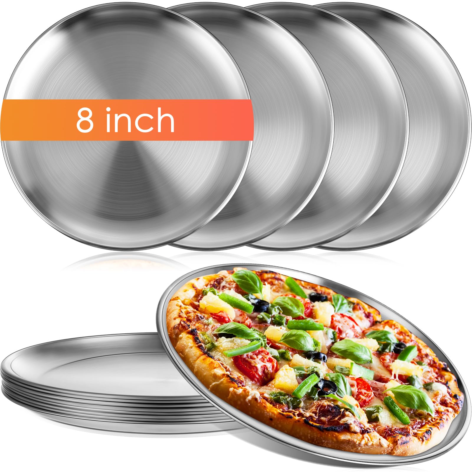 8 Pieces Pizza Pans Bulk Stainless Steel Pizza Pans Round Bakeware Pizza Trays for Oven Kitchen Baking Home Restaurant Safe Sturdy and Rust Free Reusable Pizza Baking Sheets Dishes Dinner (8 Inch)