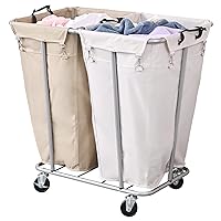 PLKOW Laundry Cart with Wheels 280L Large Laundry Sorter 2 Section for Commercial/Home, Rolling Laundry Cart with Steel Frame and Removable Bag, 8 Bushel, 32.3L x 19.7W x 31.5H Inch