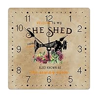 PVC Wall Clock Welcome to My She Shed Wall Clock Sewing Machine Purple Flower 12in Love Sewing Square Silent Non-Ticking Rustic Frameless Clocks for Home Living Room Bedroom Office