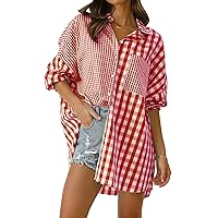Womens Long Sleeve Lightweight Plaid Shirts Oversized Button Down Shirts Casual Shacket Blouse Tops