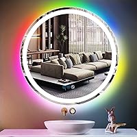 24 Inch Round LED Bathroom Mirror with Front Light + Rainbow RGB Color Changing Backlit Round Lighted Mirror for Bathroom Wall Anti Fog 24'' Bathroom Mood Lighting Smart Circle Round LED Mirror