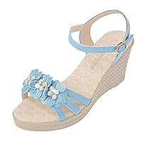 Women Sandals Floral Slingback Peep-Toe Ankle Strap Anti-Skid Platform Fashion Lightweight Summer Wedge Shoes Blue Fashion