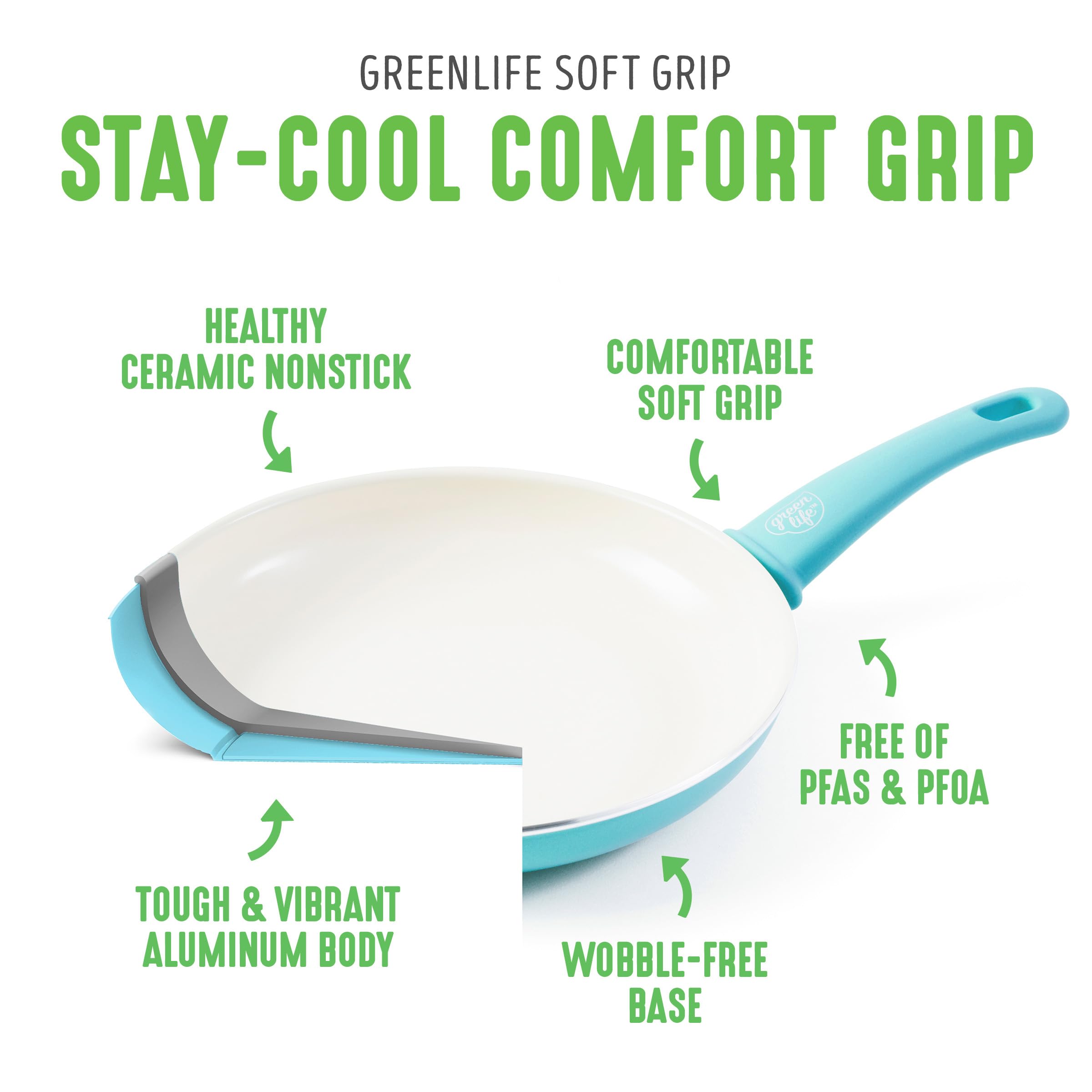 GreenLife Soft Grip Healthy Ceramic Nonstick 16 Piece Kitchen Cookware Pots and Frying Sauce Pans Set, PFAS-Free, Dishwasher Safe, Caribbean Blue