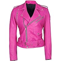 LP-FACON Womens Cute Pink Lambskin Leather Motorcycle Brando Biker Genuine Leather Jacket