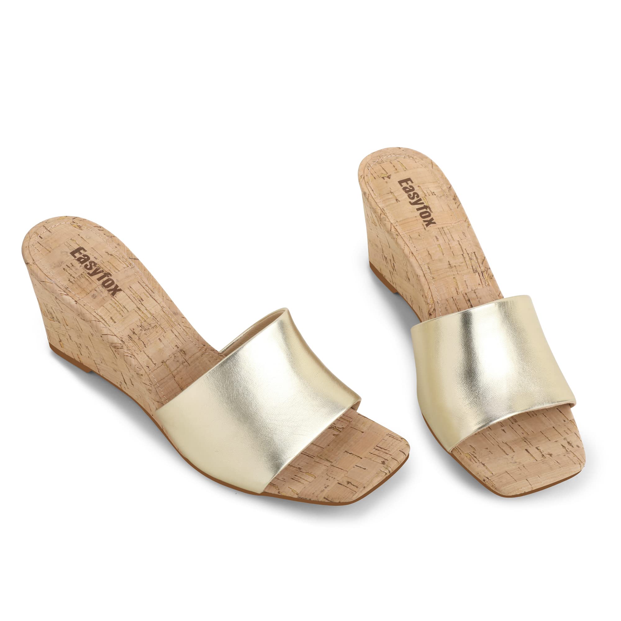 Easyfox Wedge Sandals for Women Open Toe Wedge Heels Womens High Heel Sandal Square Toe Heeled Wedge Sandals Wood Grain Slip on Wedge Mules