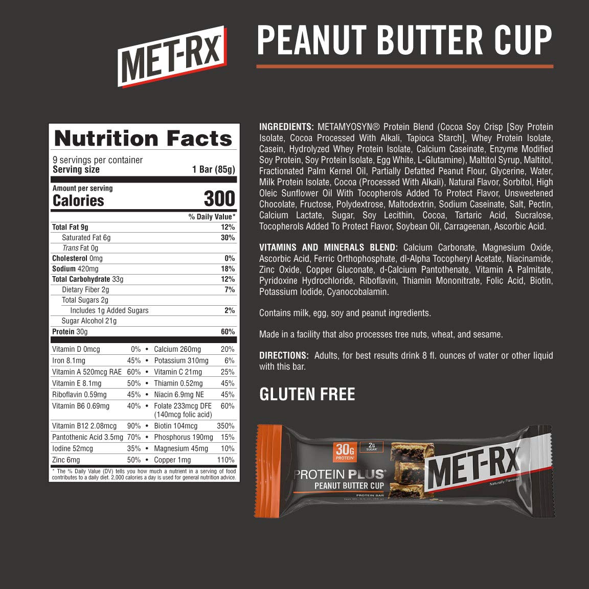 MET-Rx Protein Plus Bar, Great as Healthy Meal Replacement, Snack, and Help Support Energy, Gluten Free, Peanut Butter Cup, With Vitamin A, Vitamin C, and Zinc to Support Immune Health, 85 g, 9 Count