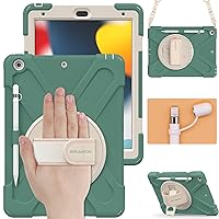 BRAECN iPad Case 10.2 Inch 9th/8th/7th Gen 2021/2020/2019, Three Layer Protective Kids Friendly Case with Shoulder Strap Hand Strap Stand Screen Protector Pencil Holder Pencil Cap Holder-Emerald Green
