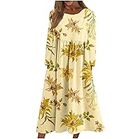 Casual Plus Size Fall Winter Dress for Women Trendy Long Sleeve Midi Dress Elegant Vintage Floral Ruched Flowy Dress
