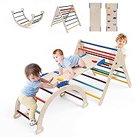 5 in 1 Pikler Triangle Gym, Foldable Wooden Climber with Ramp, Indoor Climbing Toys for Kids, Play Gym, Arch Climber, Rocker, Montessori Climbing Set(Rainbow)