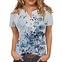 Summer Tops for Women 2024, Floral Print Spring Tops Button Down Crewneck Short Sleeve Blouse Chest Pocket Casual T-Shirt