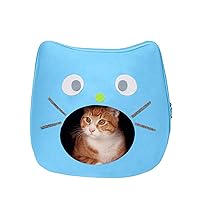Furhaven Cat Cave for Indoor Cats, Lightweight & Stackable - Cat Shaped Face Décor Felt Cubby Hideaway - Light Blue, One Size