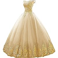 Ball Gown Sweet 16 Dress Quinceanera Formal Long Prom Dresses with Gold Applique