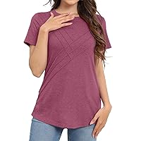 Womens Summer Tops Casual Short Sleeve T Shirts Loose Fit Classic Blouses Trendy Pleated Tunic Tops Plain Basic Tees