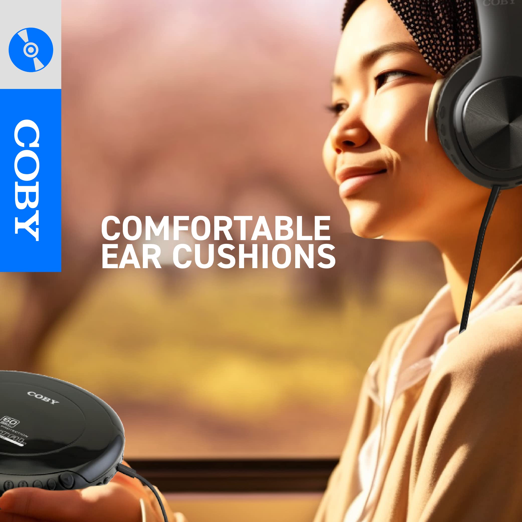 Coby Portable CD Player with Headphones | 60-Sec Anti-Skip Compact Disc Player with Foldable Headset Bundle | Small CD Player Portable for Travel, Home | Retro MP3 Player Discman Portable CD Players