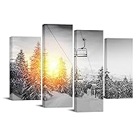 YeiLnm Winter Canvas Wall Art Sunset Ski Lift Pictures Poster Cable Car HD Paintings Wall Art Snow Mountain Landscape Print Pictures Artwork for Living Room Bedroom Decoration