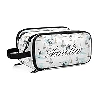 Palm Tree Boats Personalized Makeup Bag, Large Capacity Toiletry Bag Wide Opening Cosmetic Bag for Travel Shower Shaving Bag for Hotel Long Travel