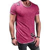 Men's Crew Neck Ripped T-Shirts Casual Muscle Workout Athletic Shirt Solid Color Short Sleeve Destroyed Holes Tee