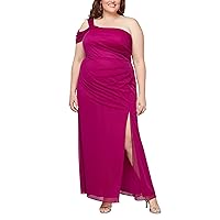 Alex Evenings Women's Plus Size Long Cold Shoulder Dress with Ruched Skirt, Wedding Guest, Prom, Formal Event