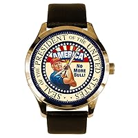 President Donald Trump. No More Bull! Potus Presidential Art Trump Supporters Solid Brass 40 Mm Mens' Watch With American Pinewood Case, Gold, Quartz Movement