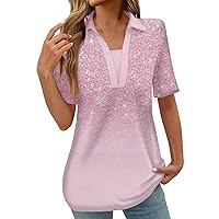 Womens Tops Dressy Casual,Workout Tops for Women Polo Shirts V Neck Short Sleeve Geometry Printed Blouse Fashion Casual Golf Shirts Ladies Short Sleeve Tunic Tops