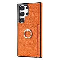Leather Cover for Samsung Galaxy S24ultra/S24plus/S24 Ring Kickstand Case with Card Holder Slot Shockproof Slim Cover (Orange,S24 Ultra)