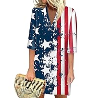 Summer Dresses for Women Fashion Casual Independence Day Printed July 4th Patriotic Loose V Neck 3/4 Sleeve Dress