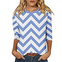 3/4 Sleeve Tops for Women Plus Size Women's Striped Patchwork Top Fashion Round Neck 3/4 Sleeve Casual T-Shirt