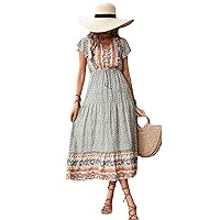 Bohemian Summer Deep V Neck Short Sleeve Maxi Dress for Women Casual Floral Print Swing Ruffles Ladies Holiday Dress