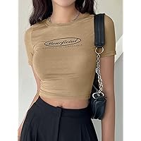 Women's Tops Shirts for Women Sexy Tops for Women Slogan Graphic Crop Tee Tops (Color : Khaki, Size : X-Large)