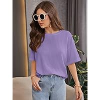 Womens Tops Drop Shoulder Knit Tee (Color : Purple, Size : X-Small)