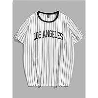 Men's T-Shirts Men Striped & Letter Graphic Tee T-Shirts for Men (Color : Black and White, Size : X-Large)