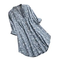 Shirts Womens Floral Print Pleated Long Sleeve Loose V Neck Tops