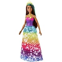 Dreamtopia Princess Doll, 12-Inch, Brunette with Blue Hairstreak Wearing Rainbow Skirt and Tiara, for 3 to 7 Year Olds​