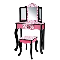 Leopard Prints Wooden 2-pc. Play Vanity Set with Tri-Fold Mirror, Storage Drawer and Matching Stool to Play Dress-up, Princess or Beauty Shop, Black/Pink