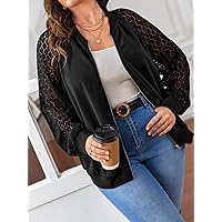 2022 Fashion Casual Ladies' Plus Size Jacket Plus Contrast Lace Raglan Sleeve Bomber Jacket Lovely Fashion Beautiful (Color : Black, Size : XX-Large)
