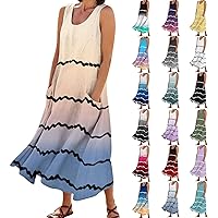 Women's Summer Dresses 2024 Casual Fashion Striped Printing Flowy Sleeveless Round Neck Dress with Pocket