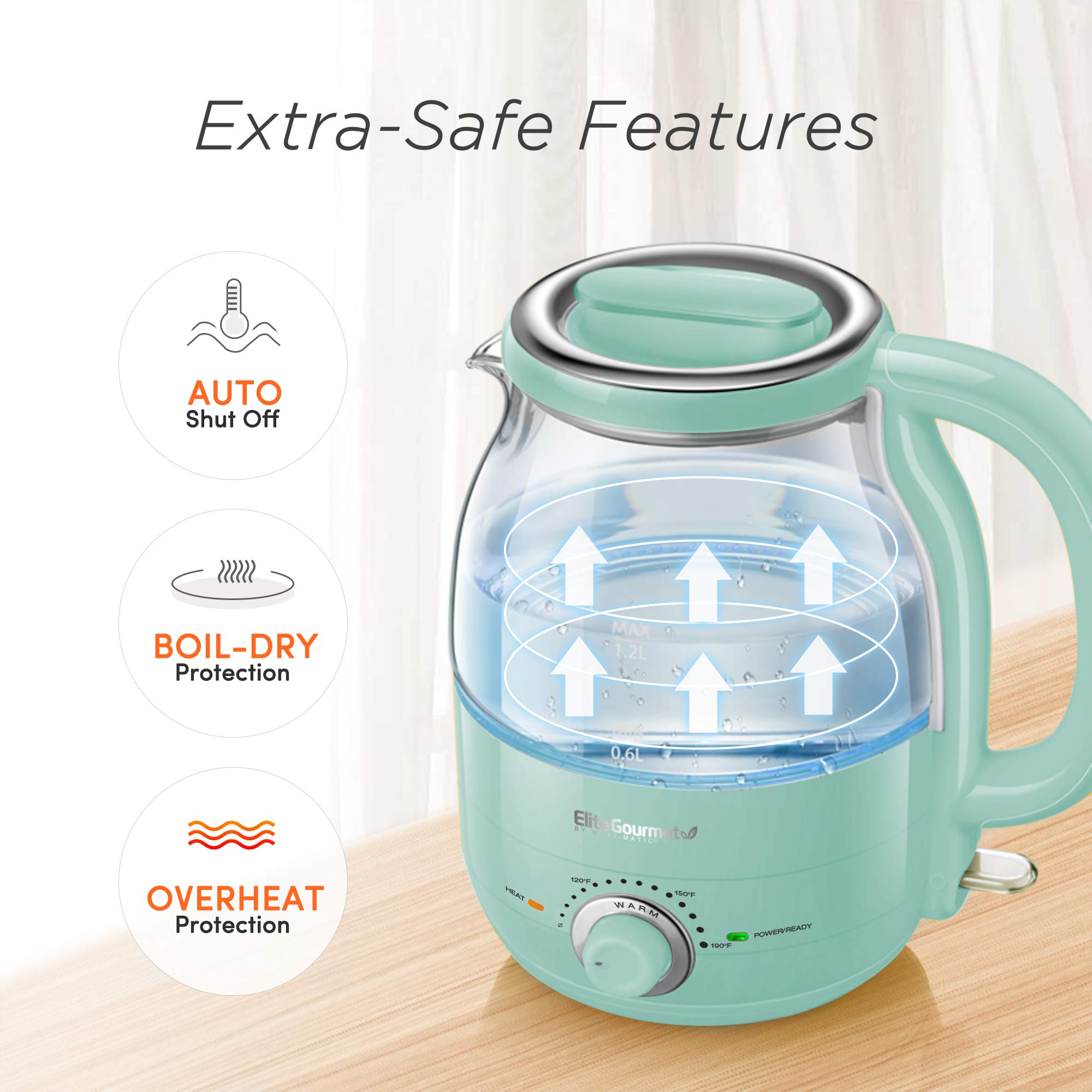 Elite Gourmet EKT1220M 1.2L Electric BPA-Free Glass Kettle, Temperature Dial, Keep Warm Function, Cordless 360° Base, Blue LED Interior, Auto Shut-Off Function – Quick Boil, Mint