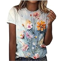 Womens Tops Round Neck Short Sleeve Floral Printed T Shirts 2024 Summer Fashion Basic Boho T Shirts