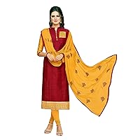 ladyline Womens Plain Silk Salwar Kameez with Contrast Sleeves Embroidered Dupatta