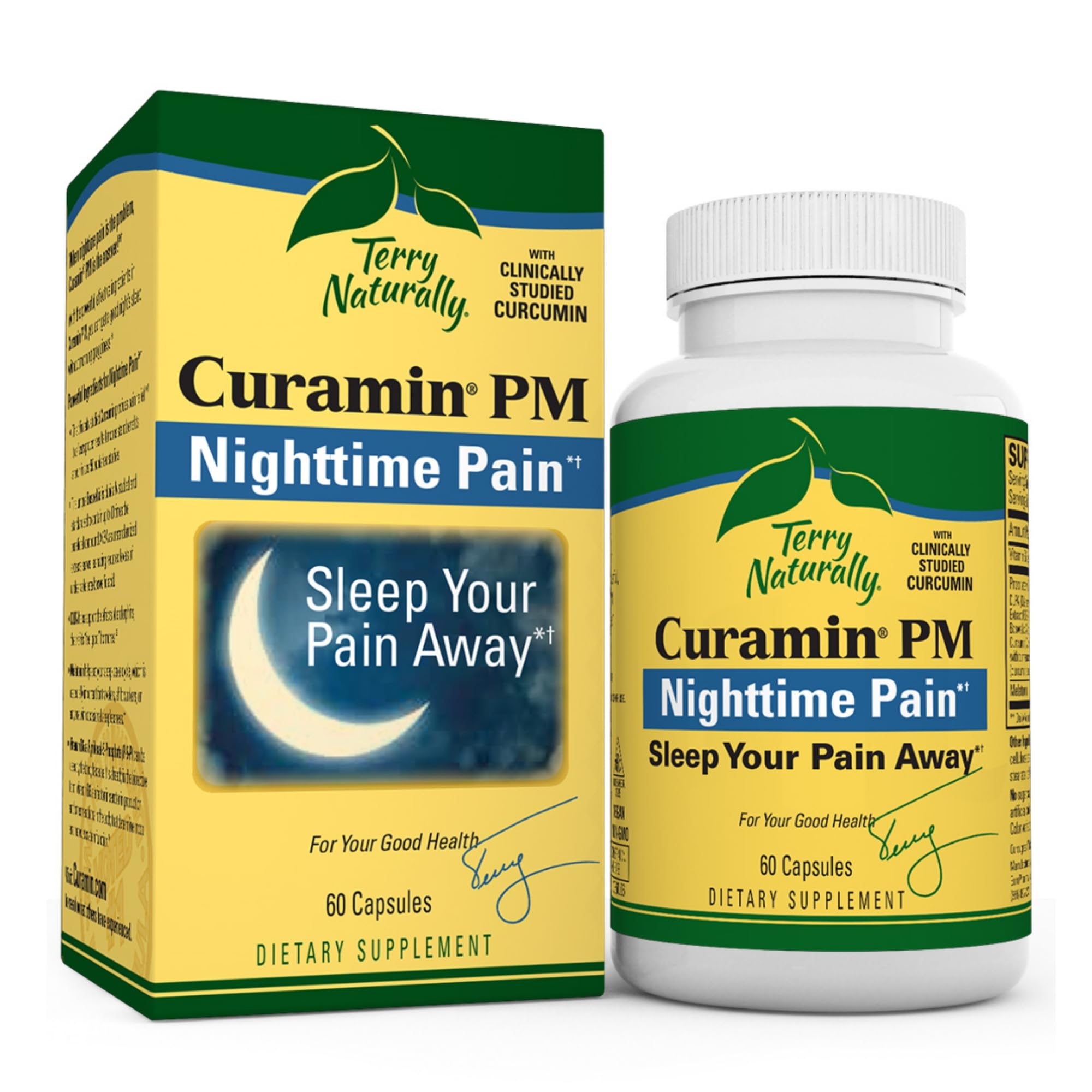 Terry Naturally Curamin PM - 60 Capsules - Non-Habit Forming Nighttime Pain Relief Supplement, Contains Curcumin & Melatonin - Non-GMO, Gluten Free, Kosher - 30 Servings
