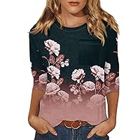 Womens 3/4 Sleeve Tops Trendy Plus Size Crewneck Sweatshirts Summer Spring Casual Long Sleeve T Shirts Floral Blouse