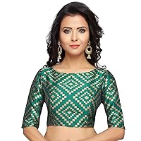Aashita Creations Women's Benaras Brocade Saree Blouse with Elbow Length Sleeves Rama Green Color_1312