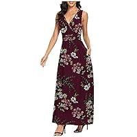 Women's Bohemian Swing Casual Loose-Fitting Summer Print Sleeveless Long Beach Flowy V-Neck Trendy Glamorous Dress
